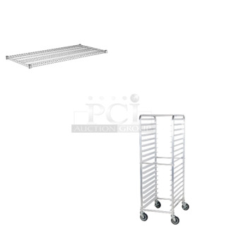 2 BRAND NEW SCRATCH AND DENT! Items Including Regency 460EC2454 24" x 54" NSF Chrome Wire Shelf and Regency 600PR183K 18 Pan End Load Bun / Sheet Pan Rack - Unassembled. 2 Times Your Bid! May Be Missing Pieces. 