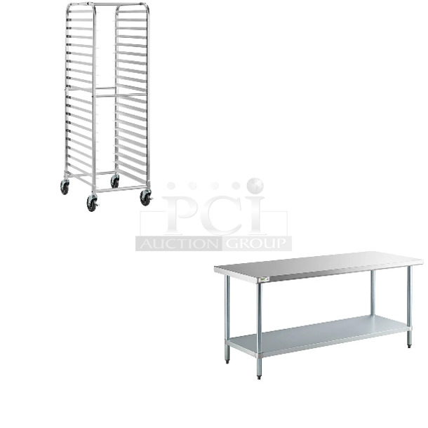 2 BRAND NEW SCRATCH AND DENT! Items Including Regency 109APR1820L 20 Pan End Load Bun / Sheet Pan Rack with Non-Marking Casters - Unassembled and Stainless Steel Table; Stock Picture Used. 2 Times Your Bid! May Be Missing Pieces.  - Image 1 of 3