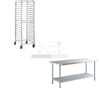 2 BRAND NEW SCRATCH AND DENT! Items Including Regency 109APR1820L 20 Pan End Load Bun / Sheet Pan Rack with Non-Marking Casters - Unassembled and Stainless Steel Table; Stock Picture Used. 2 Times Your Bid! May Be Missing Pieces. 