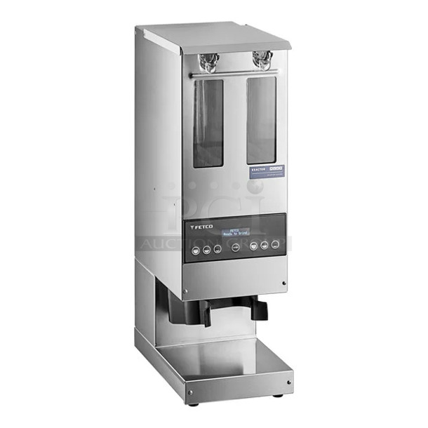 BRAND NEW SCRATCH AND DENT! Fetco GRS-1202 Stainless Steel 10 lb. Double Hopper Coffee Grinder. 120 Volts, 1 Phase. Tested and Working! - Image 1 of 9