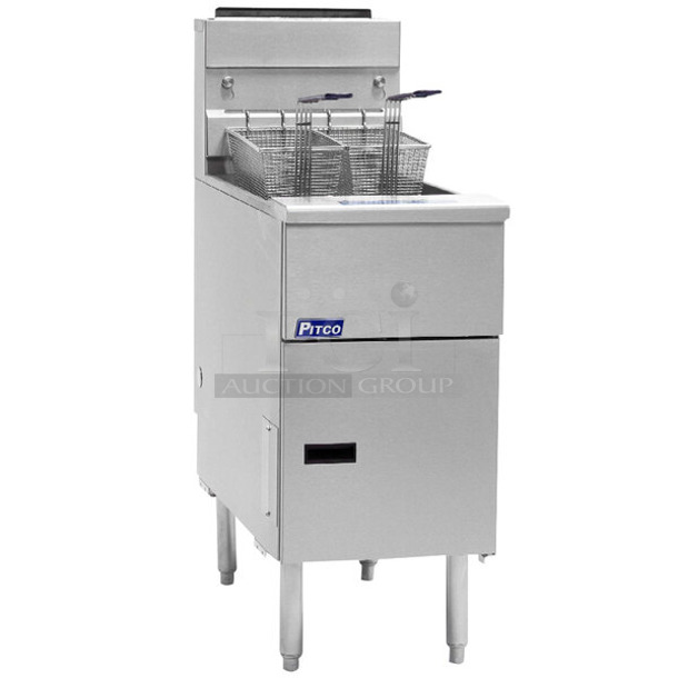 BRAND NEW SCRATCH AND DENT! 2024 Pitco Frialator SG14 Stainless Steel Commercial Floor Style Natural Gas 40-50 lb Deep Fat Fryer w/ 2 Metal Fry Baskets. 110,000 BTU - Image 1 of 11