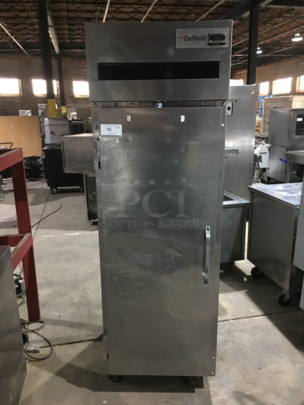 COOL! Delfield Commercial Single Door Reach In Freezer! With Poly Coated Rack! All Solid Stainless Steel! On Casters! Model: 6000XL 115V 60HZ 1 Phase