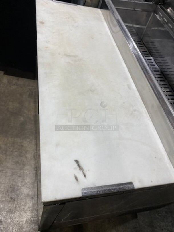 Nice! Turbo Air Commercial Refrigerated Pizza Prep Table! With Commercial Cutting Board! With Single Door Storage Space! Poly Coated Rack! All Stainless Steel! On Casters! Model: TPR44SD SN: TP4RA0100B 115V 60HZ 1 Phase! Working When Removed!  - Image 9 of 10