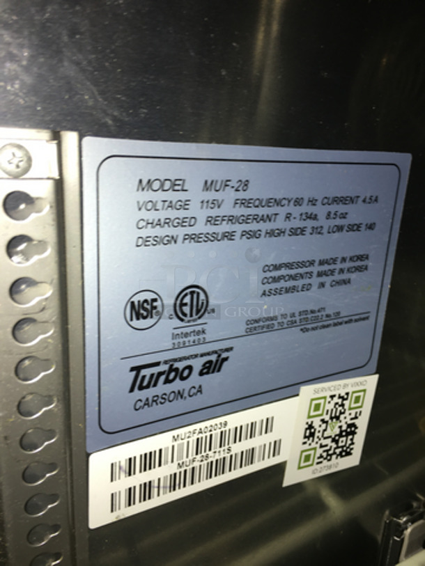 NICE! Turbo Air Commercial Single Door Lowboy/Worktop Freezer! With Poly Coated Racks! All Stainless Steel! Model: MUF28 115V 60HZ 1 Phase - Image 6 of 7