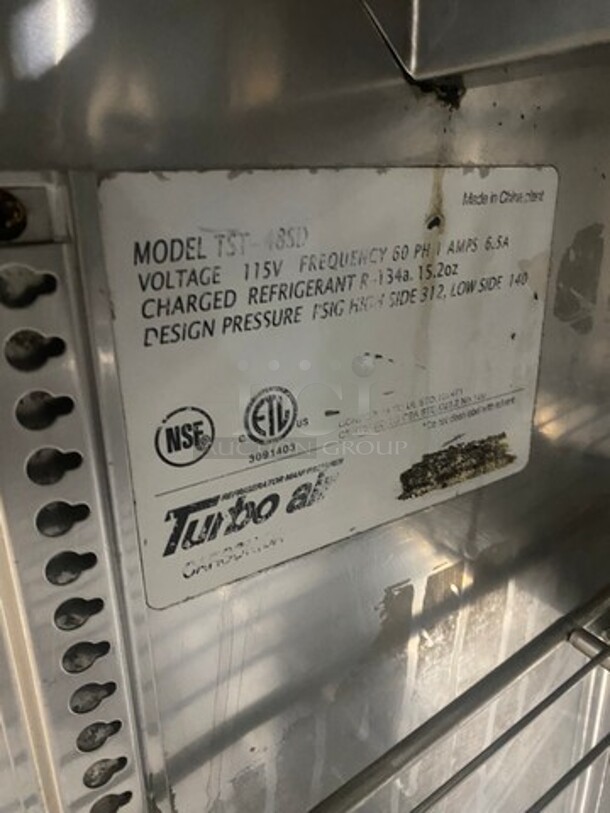 Turbo Air Commercial Refrigerated Sandwich Prep Table! With 2 Door Storage Space! Poly Coated Racks! With Overhead Shelf Space! All Stainless Steel! On Casters! Model: TST48SD - Image 7 of 11