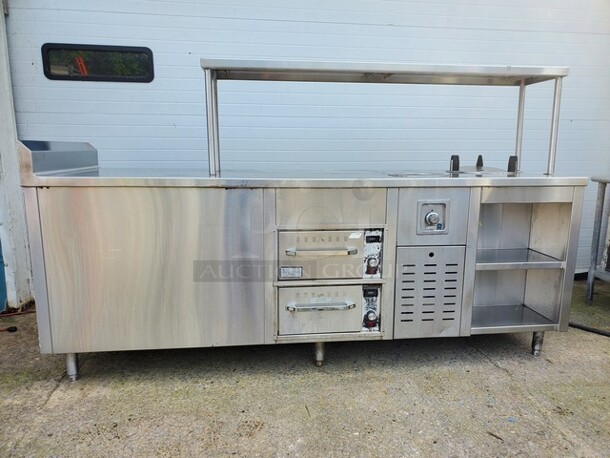 8"Ft Work Table W/ 2 Wells Warming Warmers| Overhead Shelf| See pictures for more details! 97"X32"X37" - Image 2 of 7