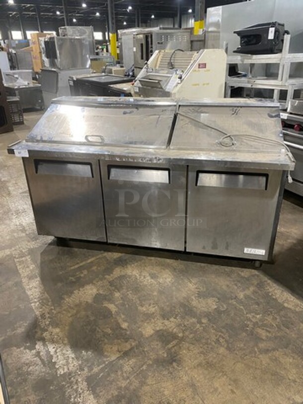 Turbo Air Commercial Refrigerated Mega Top Sandwich Prep Table! With 3 Door Storage Space Underneath! Poly Coated Racks! All Stainless Steel! On Casters! Model: MST7230 115V 60HZ 1 Phase - Image 1 of 9