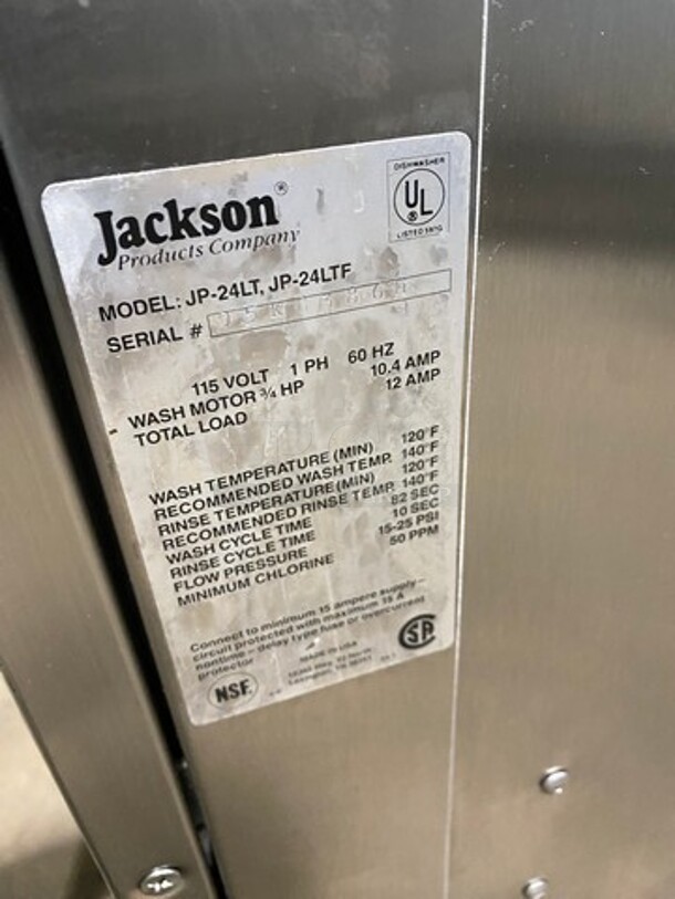 Jackson Commercial Undercounter Dishwasher! With Poly Dish Rack! All Stainless Steel! Model: JP24LT SN: 95K8386M 115V 60HZ 1 Phase - Image 8 of 10