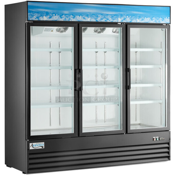 BRAND NEW SCRATCH AND DENT! 2023 Avantco 178GDC69HCB Metal Commercial 3 Door Reach In Cooler Merchandiser w/ Poly Coated Racks. 115 Volts, 1 Phase. Stock Picture Used as Gallery. Tested and Working!