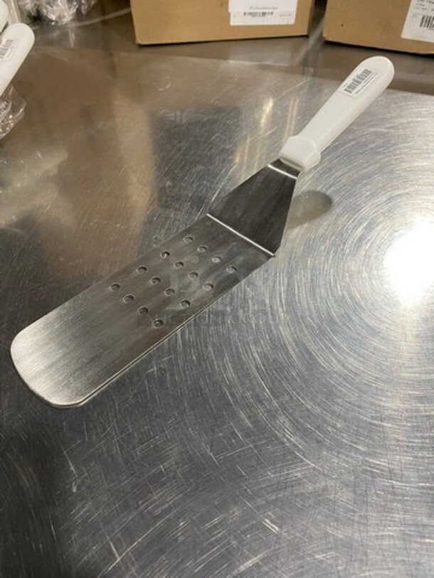 NEW! Metal Perforated Griddle Spatula! With White Poly Handle! 4x Your Bid! - Image 2 of 6