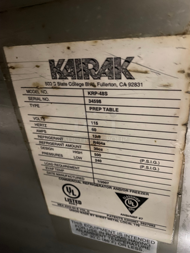 NICE! Kairak Commercial Refrigerated Prep Table! With Back And Side Splashes! With Single Door Storage Space Underneath! All Stainless Steel! On Casters! Model: KRP48S SN: 34598! Not Tested!  115V 60HZ 1 Phase - Image 7 of 8