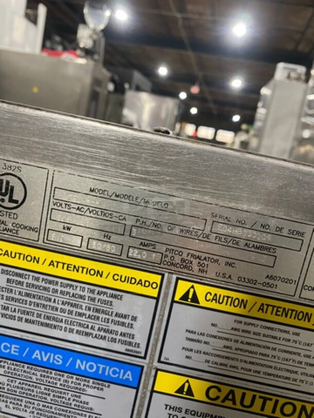 Pitco Frialator Commercial Electric Power Pasta Fryer Cooker! With Frying Basket! All Stainless Steel! On Casters! WORKING WHEN REMOVED! Model: RTE14HH SN: E04HB030104 208 60HZ 3 Phase - Image 8 of 9