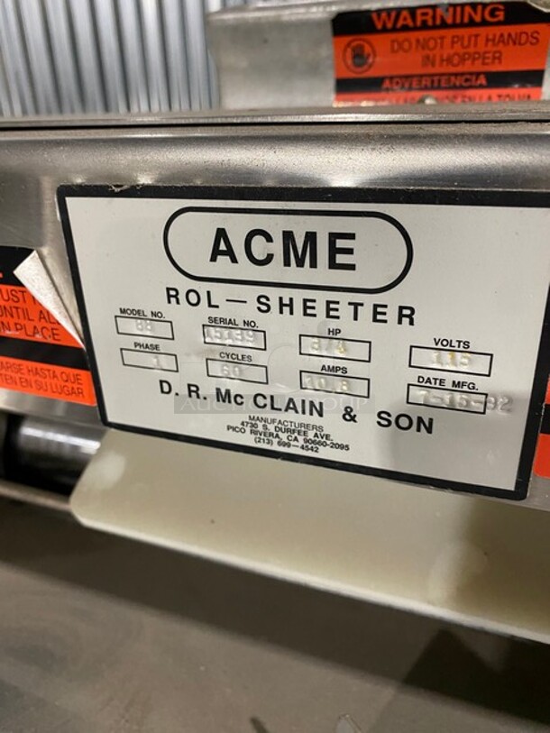 Acme Commercial Floor Style Heavy Duty Dough Sheeter! All Stainless Steel! On Casters! Working When Removed! Model 88 Serial 15139! 115V 1Phase!  - Image 7 of 10