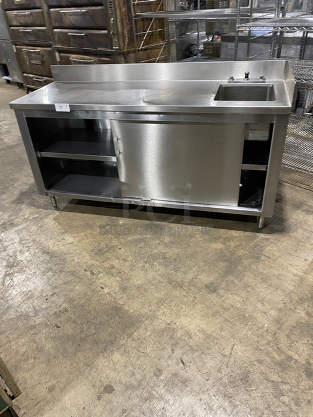 Custom Made Commercial Work Top Table! With Built In Dump Sink! With Back And One Side Splash! With Storage Space Underneath! Solid Stainless Steel! On Legs!