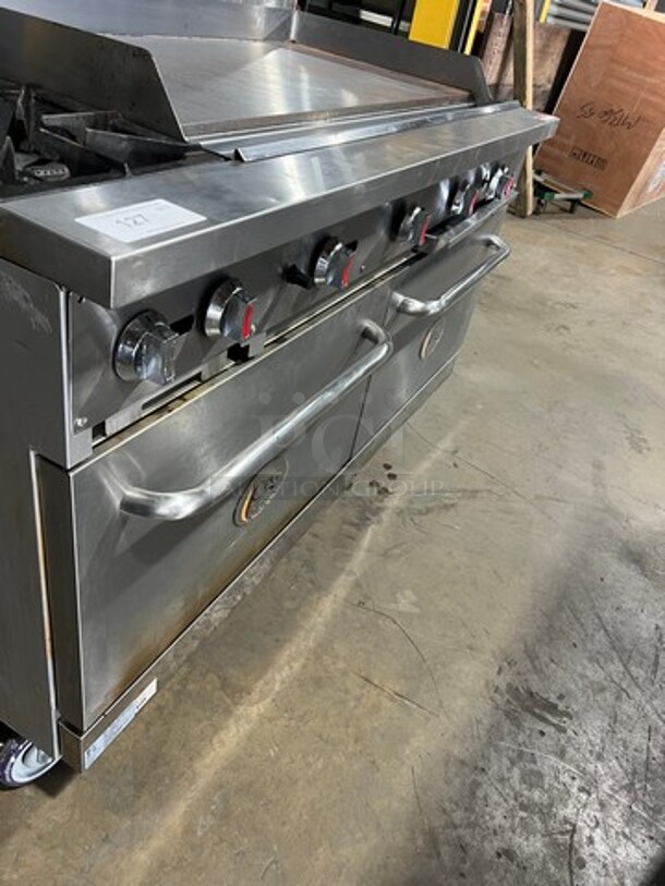 CPG Commercial LP Powered Flat Top Griddle Stove With Left Side 2 Burner! Griddle Has Side Splashes! With Raised Back Splash And Salamander Shelf! With 2 Oven Underneath! Metal Oven Racks! All Stainless Steel! On Casters! Model: S60G48L SN: 09227429 - Image 5 of 8