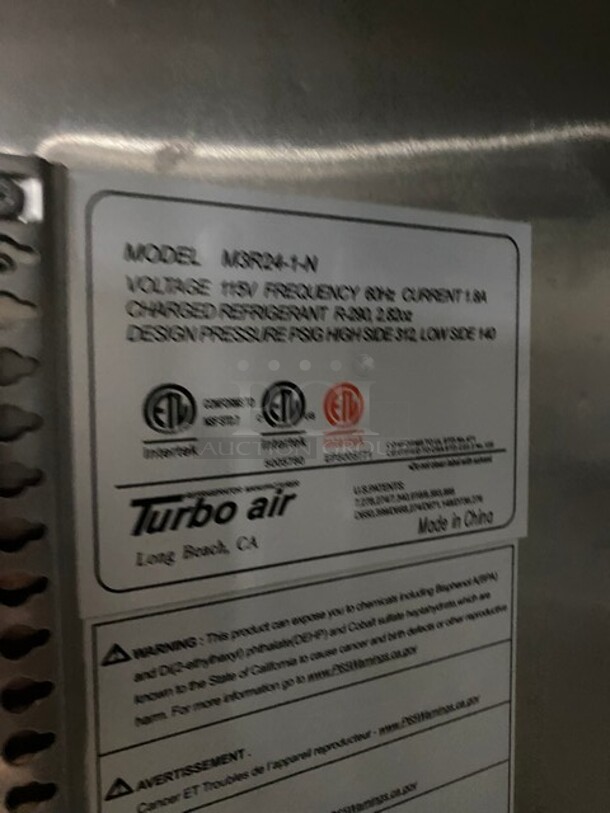 Turbo Air Commercial Single Door Reach In Refrigerator! With Poly Coated Racks! All Stainless Steel! On Casters! Model: M3R241 115V  - Image 7 of 9