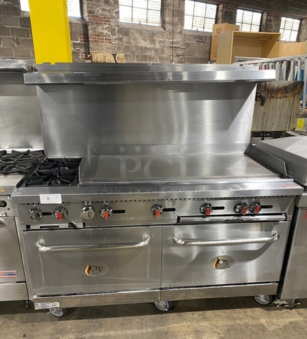 CPG Commercial LP Powered Flat Top Griddle Stove With Left Side 2 Burner! Griddle Has Side Splashes! With Raised Back Splash And Salamander Shelf! With 2 Oven Underneath! Metal Oven Racks! All Stainless Steel! On Casters! Working When Removed! Model: S60G48L SN: 09227429