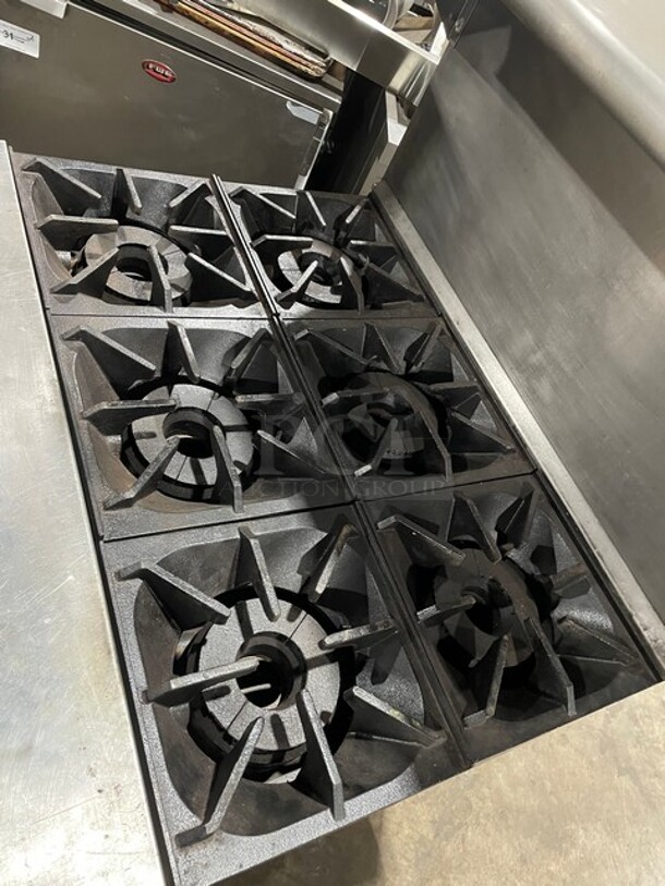 SWEET! Bakers Pride Commercial Natural Gas Powered 6 Burner Stove! With Full Size Oven Underneath! With Backsplash & Overhead Salamander Shelf! All Stainless Steel! On Legs! - Image 5 of 8