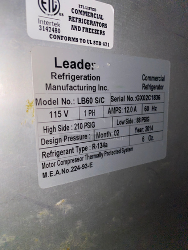 COOL! Leader Commercial 3 Door Lowboy/ Worktop Cooler! With Poly Coated Racks! All Stainless Steel! On Casters! Model: LB60SC SAN: GX02C1836 115V 60HZ 1 Phase - Image 7 of 8