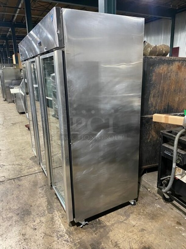 COOL! Hoshizaki Commercial 3 Door Reach In Refrigerator Merchandiser! With View Through Doors! Poly Coated Racks! All Stainless Steel! On Casters! Model: CR3BFGY SN: D80079K 115V 60HZ 1 Phase - Image 2 of 9