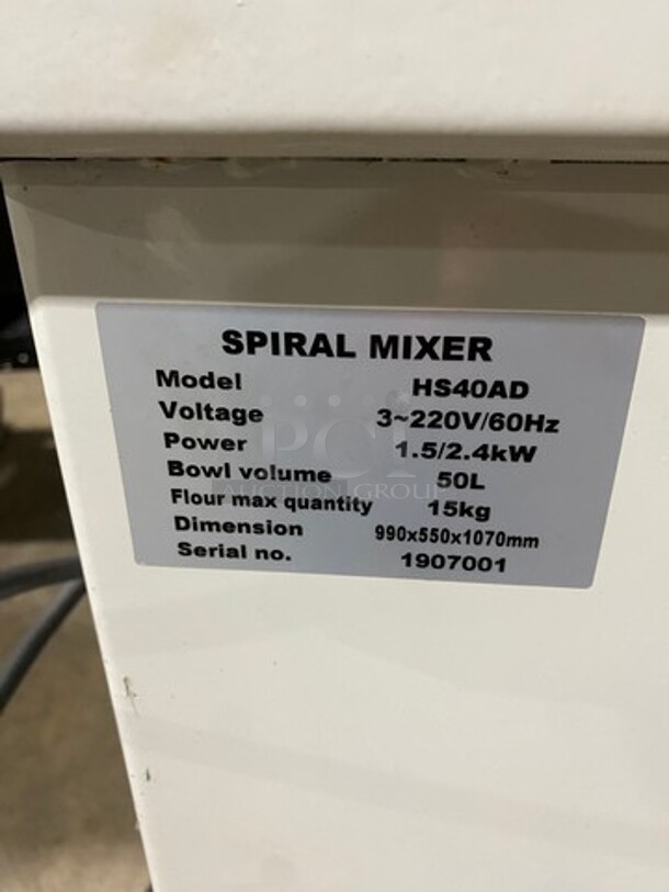 WOW! Two Thousand Commercial Floor Style Spiral Dough Mixer! With Spiral Hook Attachment! Stainless Steel Mixing Bowl And Bowl Guard! Model: HS40AD SN: 1907001 220V - Image 5 of 11