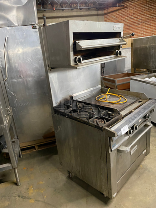 US Range Commercial Natural Gas Powered 2 Burner Stove With Flat Top Griddle! Griddle Has Side Splashes! With Raised Back Splash And Salamander! With Oven Underneath! All Stainless Steel! On Casters! - Image 2 of 11
