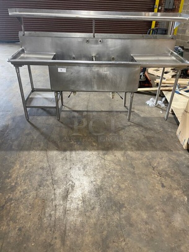 Commercial 2 Compartment Dish Washing Sink! With Overhead Shelf! With Dual Side Drain Board! With Back Splash! All Stainless Steel! On Legs!