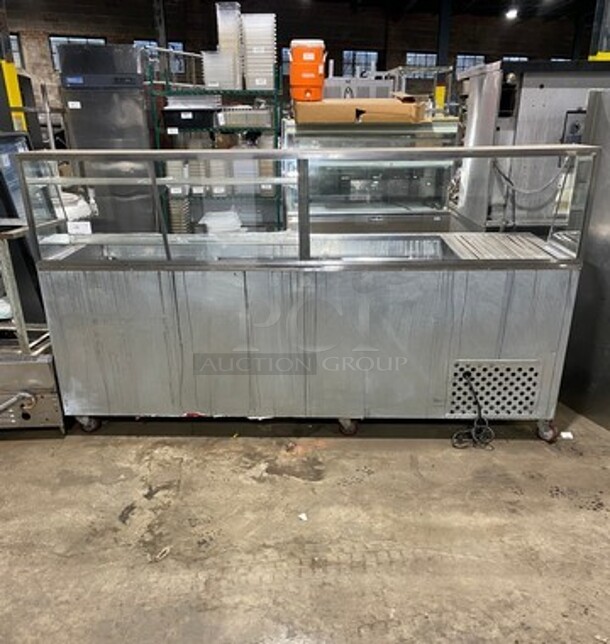 LATE MODEL! 2018 Leader Commercial Refrigerated 96 Inch Sandwich/Salad Prep Table With Sneeze Guard! Stainless Steel Body! On Casters! Model: LM96SB SN: AB03M3002 115V 60HZ 1 Phase