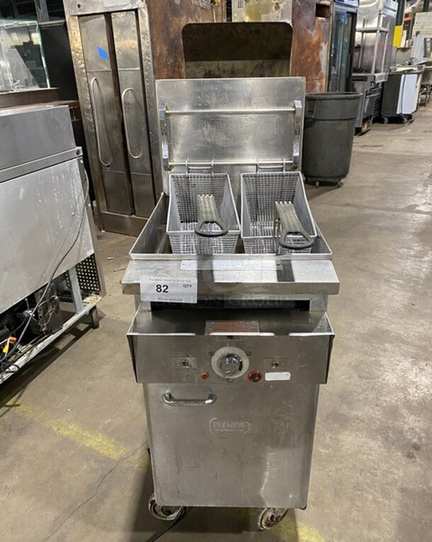 Keating Stainless Steel Commercial Natural Gas Powered Floor Style Instant Recovery Fryer w/ 2 Metal Fry Baskets! MODEL BBHIFM14 SN:R76601B 115V 1PH