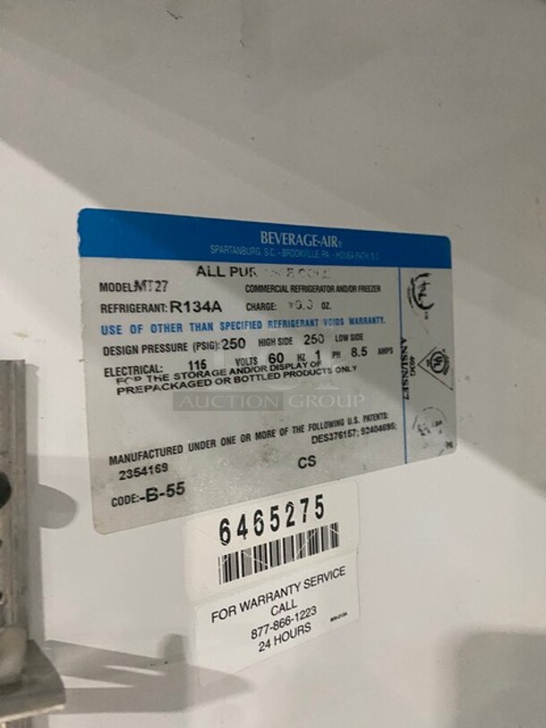 Beverage Air Commercial Single Door Reach In Cooler Merchandiser! With Poly Coated Racks! Model MT27 Serial 6465275! 115V 1Phase! - Image 7 of 8