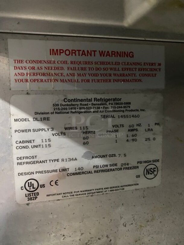 Continental Commercial Single Door Reach In Cooler! Poly Coated Racks! All Stainless Steel! With Legs! Model: DL1RE SN: 14551460 115V 60HZ 1 Phase - Image 8 of 12