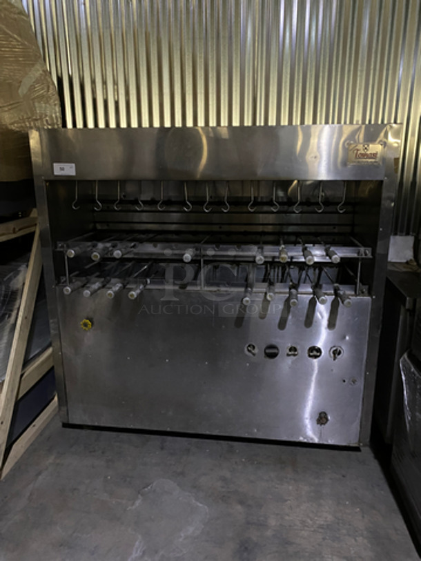 AWESOME! Tomasi Commercial Brazilian Style Natural Gas Powered Combined Rotating Charcoal/Gas Skewer Rotisserie Export Line Grill! All Stainless Steel! On Casters!  - Image 1 of 9