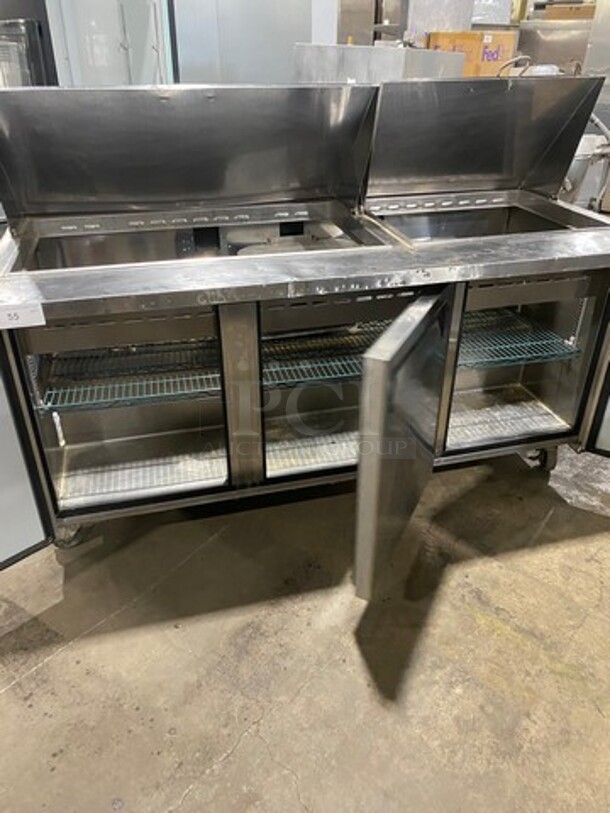 Turbo Air Commercial Refrigerated Mega Top Sandwich Prep Table! With 3 Door Storage Space Underneath! Poly Coated Racks! All Stainless Steel! On Casters! Model: MST7230 115V 60HZ 1 Phase - Image 5 of 9