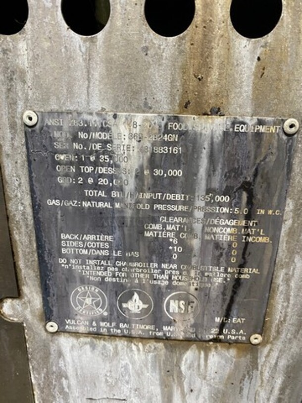 Vulcan Commercial Natural Gas Powered 2 Burner Stove With Flat Top Griddle! Griddle Has Back And Side Splashes! With Oven Underneath! All Stainless Steel! On Casters! Model: 36S2B24GN SN: 481883161 - Image 9 of 12