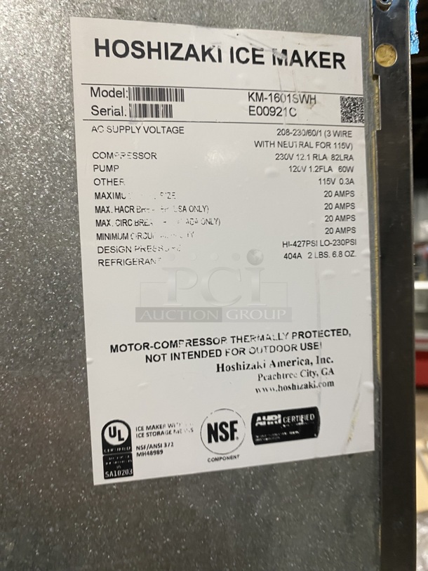 Hoshizaki Commercial Ice Maker Machine! With Ice Bin Underneath! All Stainless Steel! Model KM-1601SWH Serial E00921C!  - Image 5 of 8