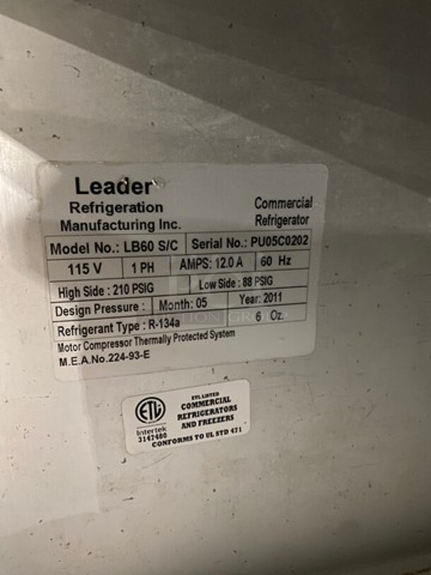 COOL! Leader Commercial 3 Door Lowboy/ Worktop Cooler! With Poly Coated Racks! All Stainless Steel! On Casters! Model: LB60SC SN: PU05C0202 115 Volts, 1 Phase  - Image 7 of 11