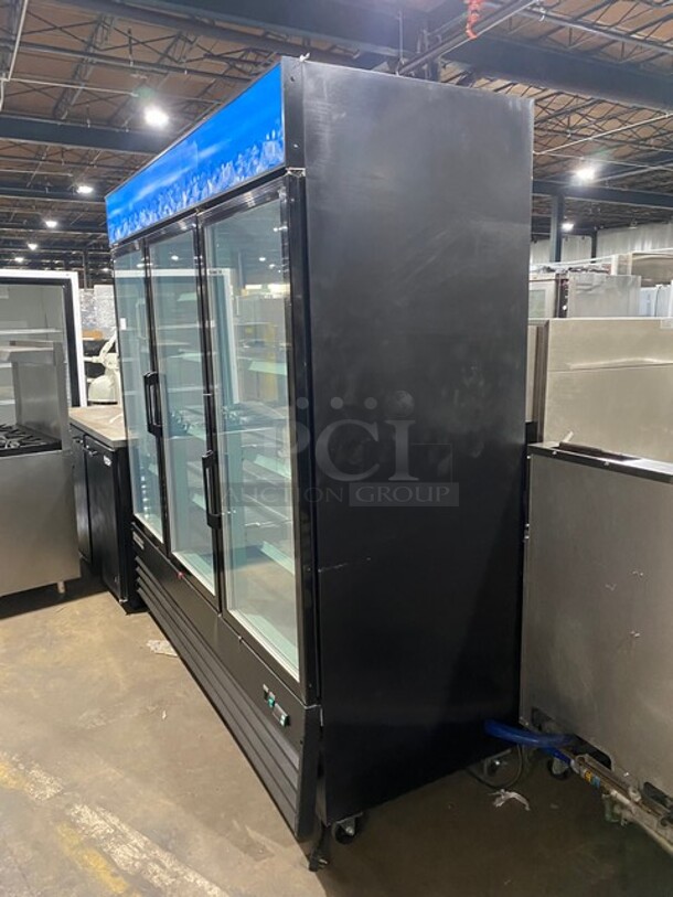 COOL! Universal Coolers Commercial 3 Door Reach In Freezer Merchandiser! With View Through Doors! With Poly Racks! On Casters! Model: EGDMF80B SN: 6115314921051102 115V/220V! - Image 2 of 9
