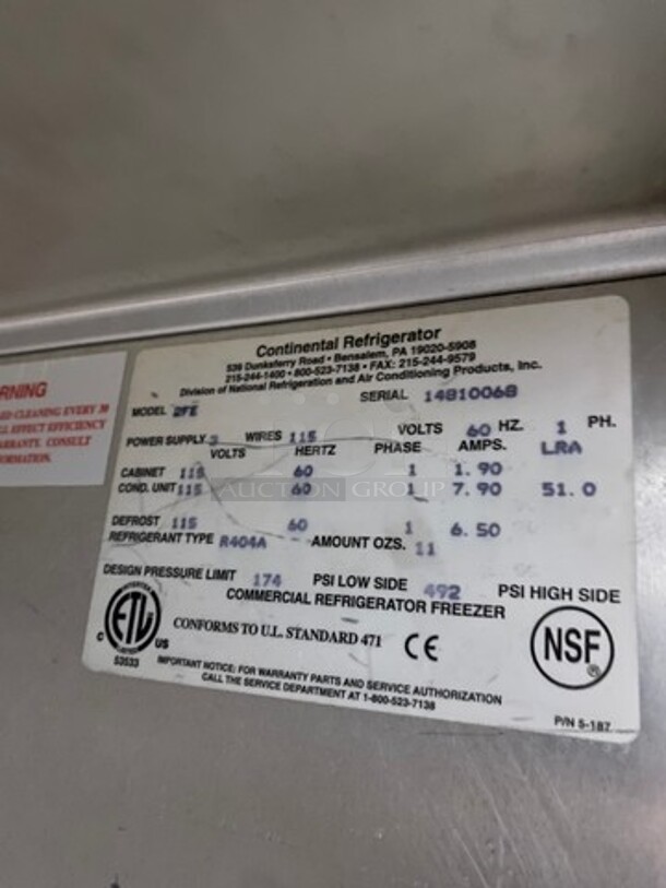 Continental Commercial 2 Door Reach In Freezer! All Stainless Steel! On Casters! Model: 2FE SN: 14810068 115V 60HZ 1 Phase - Image 7 of 9