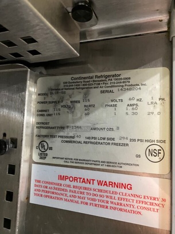 Continental Commercial Single Door Reach-In Cooler! Solid Stainless Steel! On Casters! Model: DL1RSS SN: 14348204 115V 60HZ 1 Phase - Image 7 of 8