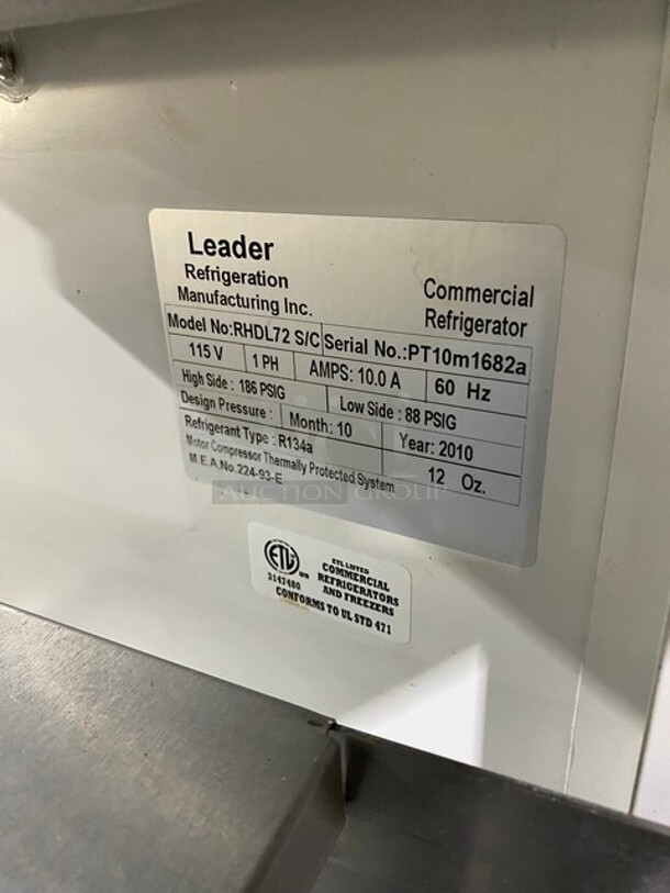 Leader Commercial Refrigerated Bakery/Deli Case! With Curved Front Glass! With Sliding Rear Access Doors! All Stainless Steel Body! Model:RHDL72 SN:PT10M1682A 115V 60HZ 1 Phase - Image 8 of 9