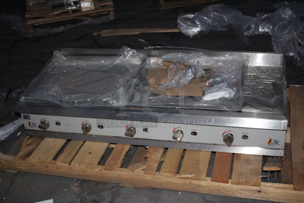 BRAND NEW SCRATCH & DENT! Cooking Performance Group GM-CPG-60-NL 60" Gas Countertop Griddle with Manual Controls - 150,000 BTU. S/N 2306004028 60x29-5/16x16-3/4. Includes Propane Conversion Kit. Back right leg is missing.  - Image 2 of 7