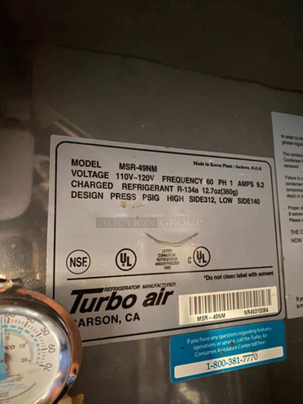 Turbo Air Commercial 2 Door Reach In Cooler! All Stainless Steel! NOT TESTED! Model: MSR49NM SN: NR49310084 110/120V 60HZ 1 Phase - Image 7 of 8
