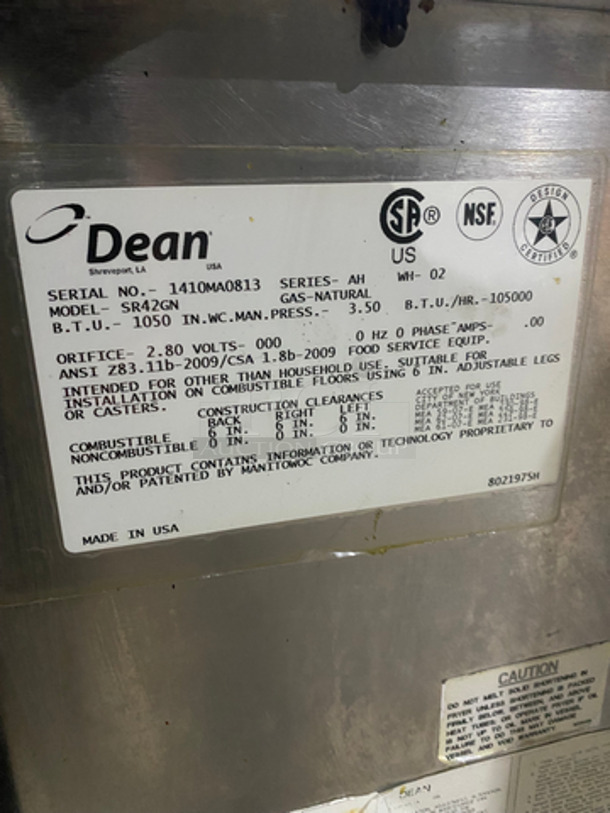 Dean Commercial Natural Gas Powered Deep Fat Fryer! With Backsplash! All Stainless Steel! On Legs! Model: SR42GN SN: 1410MA0813 - Image 8 of 9