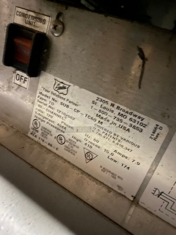 Duke Commercial Sandwich Prep Line Unit! With Slanted Front Glass! All Stainless Steel! On Legs! Model: SUBCPTC60M SN: 12102062 120V 60HZ 1 Phase - Image 6 of 6