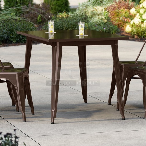 BRAND NEW SCRATCH & DENT! FOUR IN TOTAL (3) Lancaster Table & Seating 164DA3048CPD Alloy Series 48" x 30" Distressed Copper Standard Height Outdoor Table & (1) Alloy Series 48" x 30" Copper Standard Height Outdoor Table 29-1/2x47-1/2x30. 4x Your Bid. Packaging is damaged.  - Image 2 of 2
