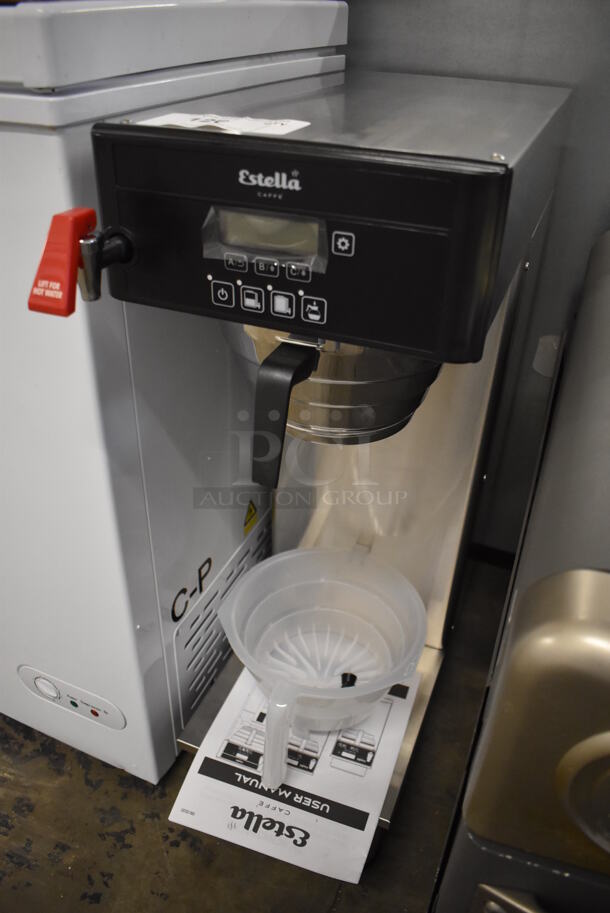 BRAND NEW IN BOX! Estella Caffe AIS0DAF ECSB-1 Stainless Steel Commercial Countertop Automatic Single Shuttle Coffee Maker w/ Digital Display, Hot Water Dispenser, Metal Brew Basket, Poly Brew Basket and Poly Pitcher. 120 Volts, 1 Phase. 10x24x31. Tested and Working! - Image 2 of 7