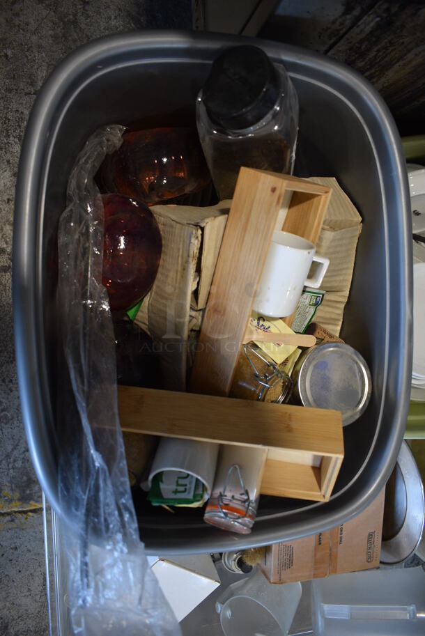 ALL ONE MONEY! Lot of 4 Bins of Various Items Including Ceramic Dishes, Butane Fuel and Shredder. - Image 2 of 9