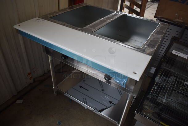 BRAND NEW SCRATCH AND DENT! 2022 Eagle SHT2-LP Stainless Steel Commercial 2 Well Gas Powered Steam Table w/ Cutting Board and Under Shelf. 33x31x34.5. Tested and Working! - Image 6 of 7