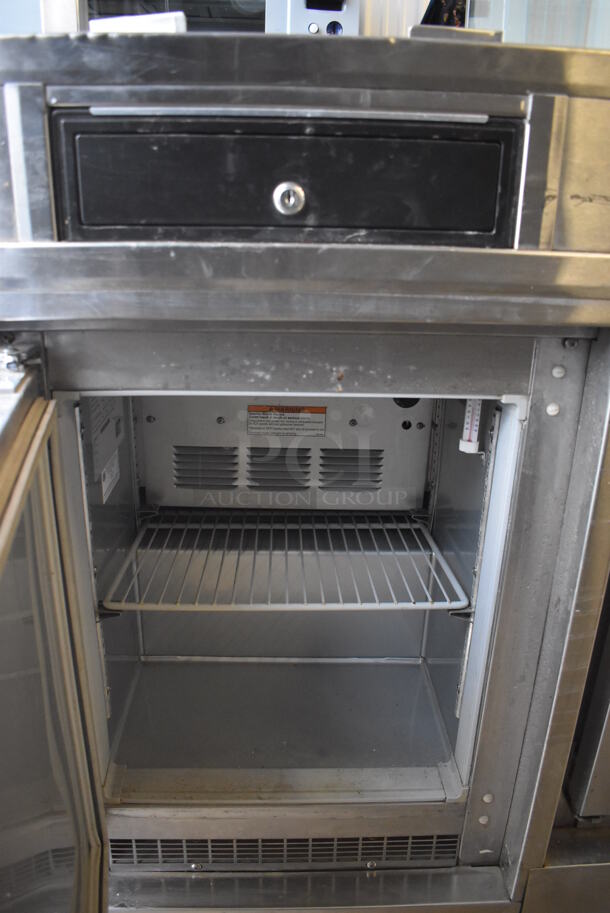 Stainless Steel Commercial Portable Shaved Ice Prep Station Stand w/ Beverage Air UCF20 Single Door Undercounter Freezer, Beverage Air UCR34Y 2 Door Cooler w/ Glass Top Case and Sneeze Guard on Commercial Casters. 208-250 Volts, 1 Phase. 85x30x73 - Image 6 of 12
