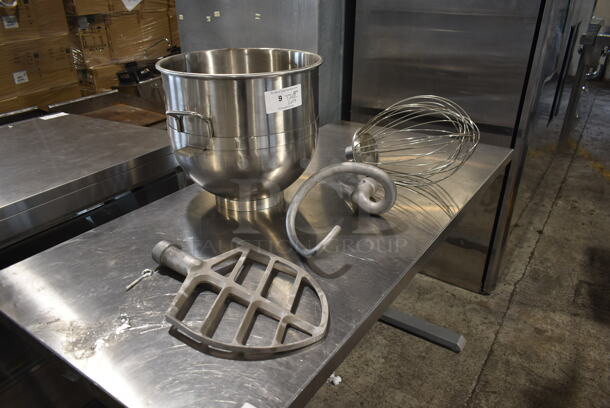 ALL ONE MONEY! Lot of BRAND NEW! Mixer Items; SUS 304 Stainless Steel Mixing Bowl, Whisk, Dough Hook and Paddle Attachment. Appears to be 30 Quart. - Image 2 of 9